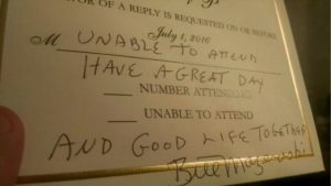 Bill Mazeroski's handwritten RSVP to Tom Leturgey and Marion Shipton's July wedding. Photo credit: Tom Leturgey